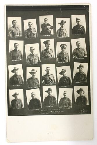 Postcard with 20 black and white portraits of soldiers.