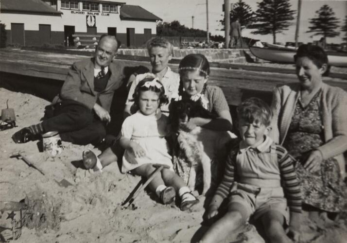 Digital Photograph - Family & Dog Sitting on the Beach near Elwood Yacht Club, 1948
