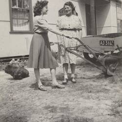 Digital Photograph - Two Girls with Plough, next to House, Smiths Gully, circa 1944