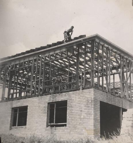 Digital Photograph - View of  Man Tiling Roof of House & Garage, House Building Site, Greensborough, circa 1959