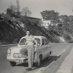 Digital Photograph - Boy Posing on Bonnet of Ford 'Prefect' Car, Yarra Boulevard, 1957