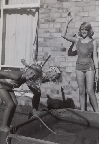 Digital Photograph - Girls in Diving Position in Canvas Wading Pool, Backyard, Bentleigh East, 1969