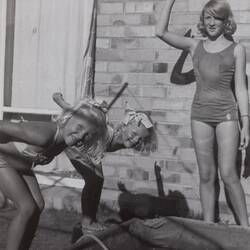 Digital Photograph - Girls in Diving Position in Canvas Wading Pool, Backyard, Bentleigh East, 1969