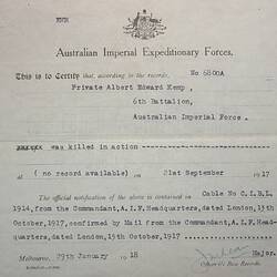 Letter - Australian Imperial Expeditionary Forces, Killed in Action, 29 Jan 1918