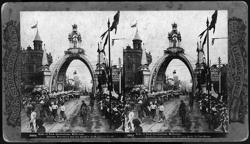 Stereograph - Chinese Procession & Queen's Arch, Federation Celebrations, 1901