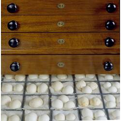Close up of open drawer in wooden cabinet filled with eggs.