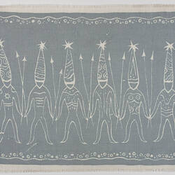 Place Mat - Human Figures With Headdresses & Spears, Blue on Cream, circa 1950s