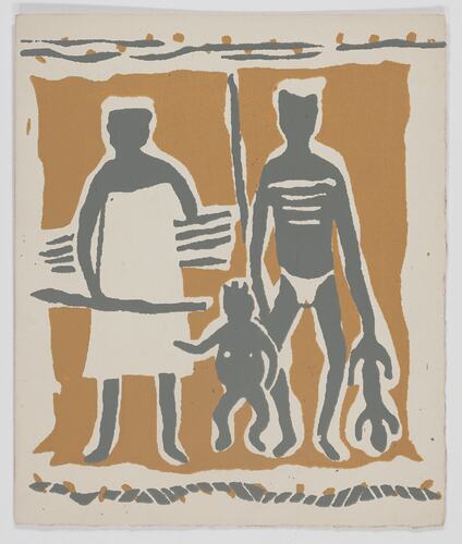 Greeting Card - Man, Woman & Child With Spear & Sticks, Grey & Brown, No. A0071, circa 1949-1955
