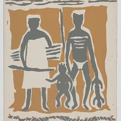 Greeting Card - Man, Woman & Child With Spear & Sticks, Grey & Brown, No. A0071, circa 1949-1955