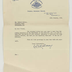 Letter - Federal Members' Rooms to Robert Salter, 16th Jan 1940