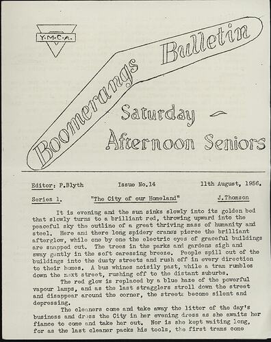 Newsletter - Boomerangs Bulletin, Young Mens Christian Association, Melbourne, 11 August 1956