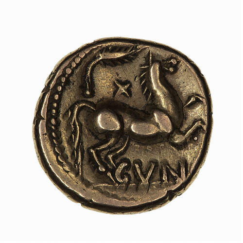 Coin, round, horse prancing right, below text 'CVN'; above curved palm branch and four point star.