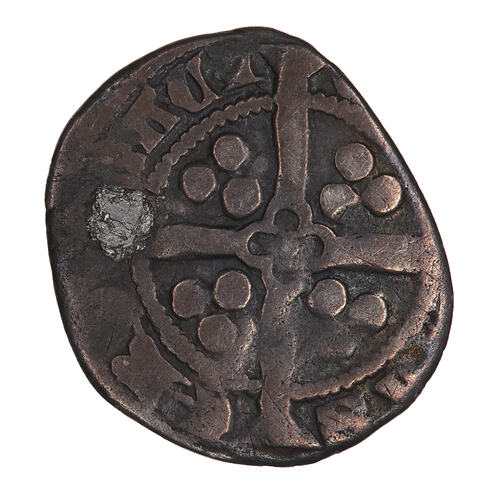 Coin, round, long cross pattee with three pellets in each angle and a quatrefoil at the centre; text around.