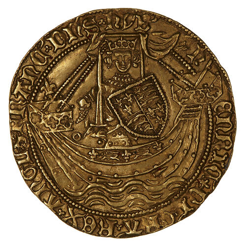 Coin, round, the King, crowned, wearing armour and holding a sword (annulet in field to left of sword).