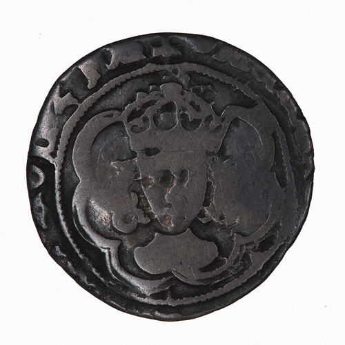 Coin, round, crowned bust of King facing; text around.