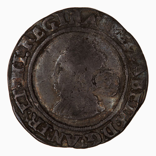 Coin, round, Crowned bust of Queen, wearing ruff and embroidered dress facing left; behind, rose; text around.