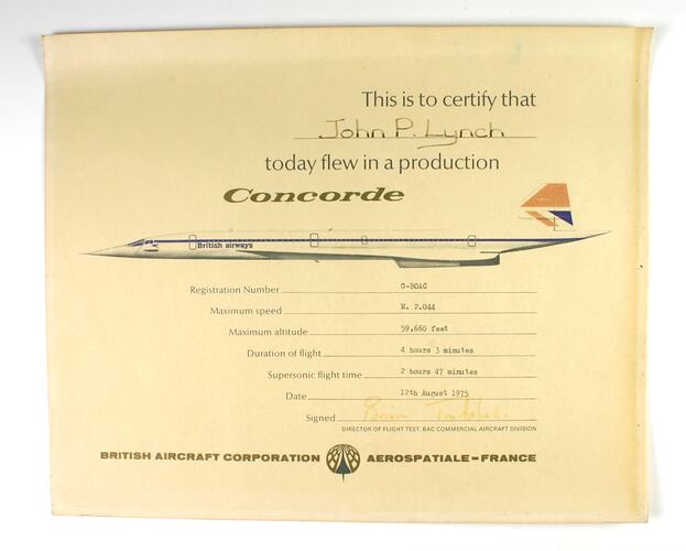 Certificate - Concorde Melbourne to Singapore Flight, 1975