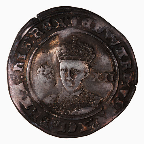 Coin, round, Crowned bust of the King facing with rose at left and denomination in pence, XII, at right.