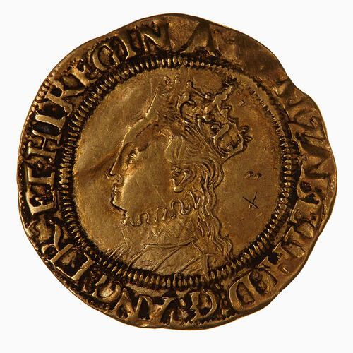 Coin, round, Within an inner bead circle, crowned bust of the Queen, wearing ruff and decorated dress.