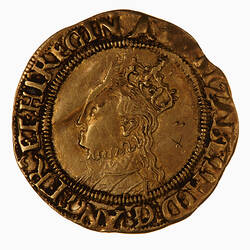Coin, round, Within an inner bead circle, crowned bust of the Queen, wearing ruff and decorated dress.