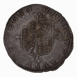 Coin, round, Square topped shield on cross fleury, quartered with arms of England, France, Scotland, Ireland.