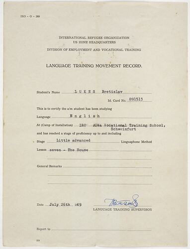 Certificate - Language Training Movement Record