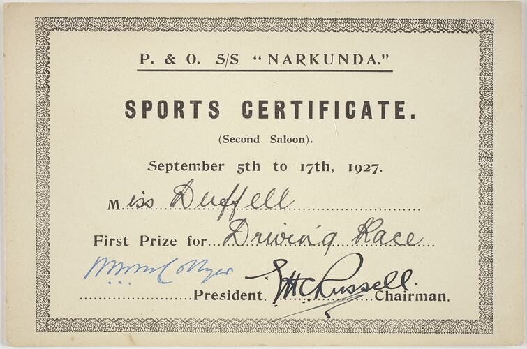 Sports Certificate - Driving Race, P&O S/S "Narkunda"