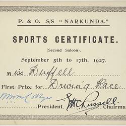 Sports Certificate - Driving Race, Awarded to Miss Duffell, SS Narkunda, 1927