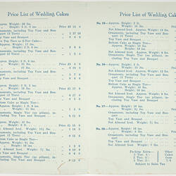 Price List - Wedding Cakes, H.H. King, 1930s
