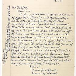 Letter - Gillanders to Telford, Phar Lap's Death, 1932