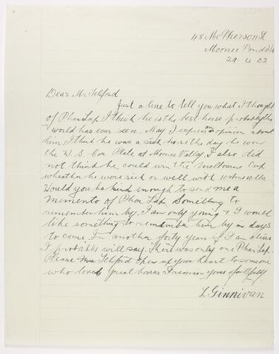 Handwritten letter about Phar Lap's Death in 1932.