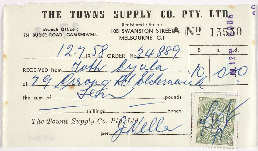Receipt - The Towns Supply Co. Pty Ltd, , 1958