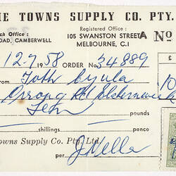 Receipt - Issued to G Toth, Towns Supply Co, 12 Jul 1958