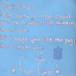 Blue child's greeting card to bushfire victims.