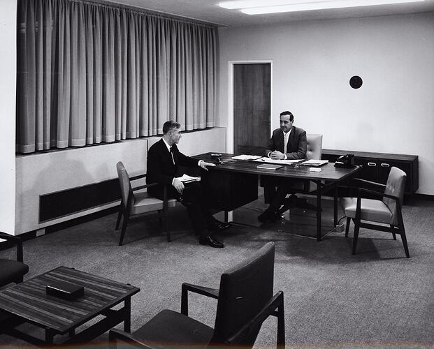 Photograph - Kodak Australasia Pty Ltd, Interior View of Office with John Habersberger and Elvin Teasdale from Building 8, Head Office & Sales & Marketing at the Kodak Factory, Coburg, 1964