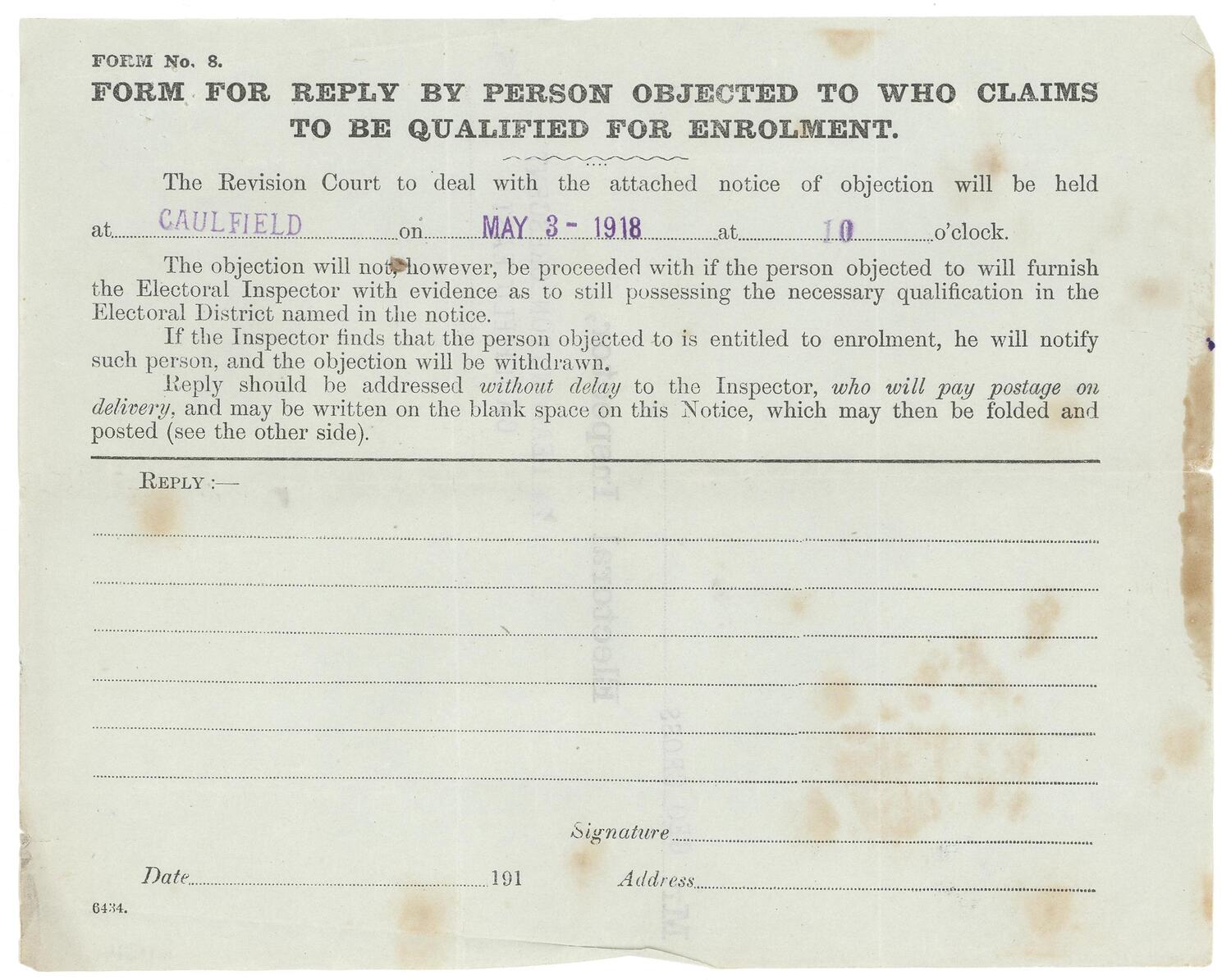 Example Eng Form 1927 Form - Reply by Person Who Claims to be Qualified for Enrolment, 1918