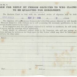 Form - Reply by Person Who Claims to be Qualified for Enrolment, 1918