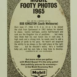 Football Card - Bob Kingston, South Melbourne, Mobil VFL Football Photos Series, 1965
