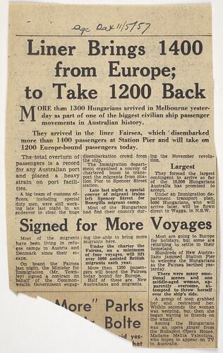 Newsclipping - The Age, 'Liner Brings 1400 from Europe; to Take 1200 Back'