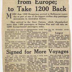 Newsclipping - The Age, 'Liner Brings 1400 from Europe; to Take 1200 Back', 11 May 1957