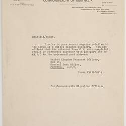 Letter - Department of Immigration, British Passport Enquiry, circa 1950s