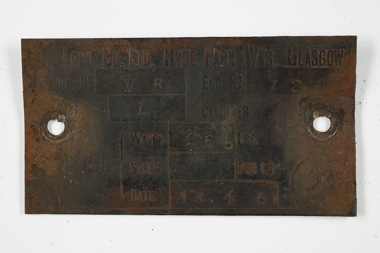 Test Plate - North British Locomotive Co., Hyde Park, Glasgow, Scotland, 1951