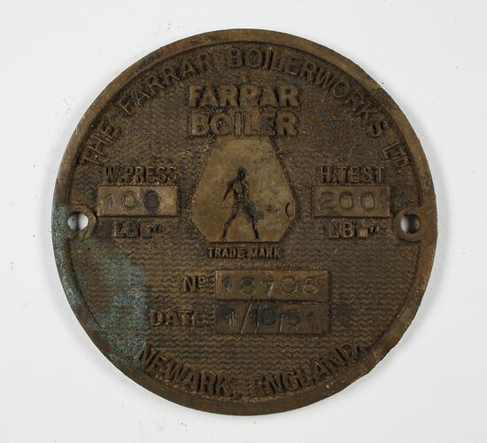Locomotive Boiler Plate - The Farrar Boilerworks, Newark, England, 1951
