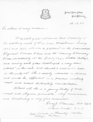 Letter - From Percy Sharman, Presbyterian Ladies College, East Melbourne, To whom it may concern, 16 Dec 1936