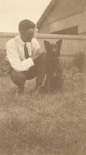 Photograph - Cluny Macpherson, father of Hope Macpherson, with pet dog Ponto, Victoria