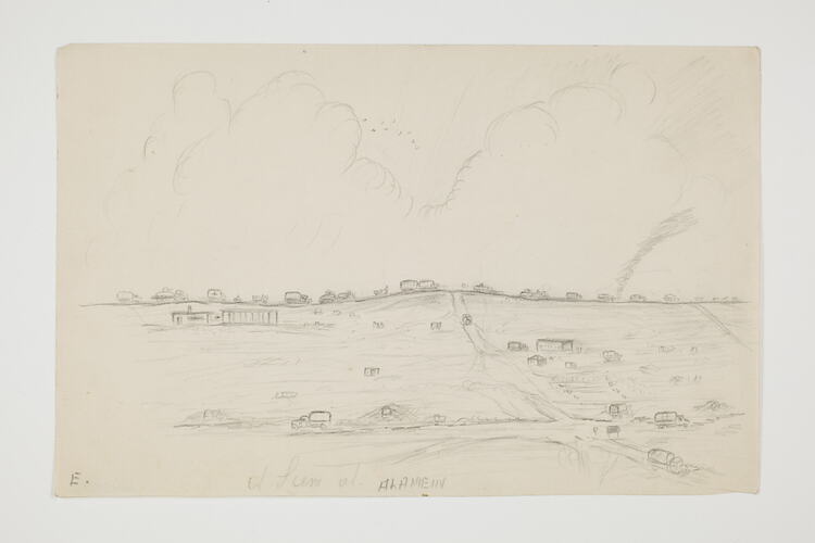 Drawing of a landscape scene with military convoys on off-white paper.