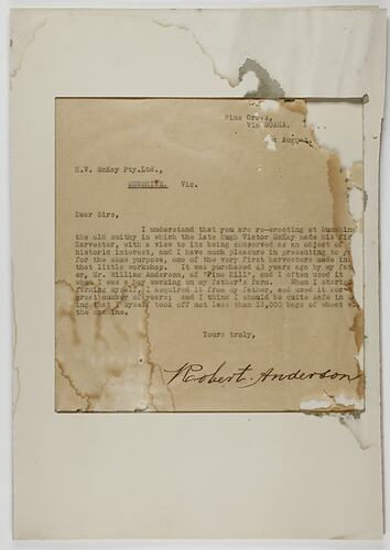 Letter - R. Anderson, to H. V. McKay Pty. Ltd., Offer of Harvester, circa 1927