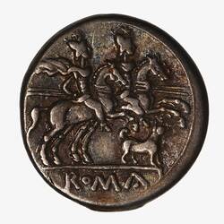 Round coin, aged, two figures riding horses with dog, facing right.