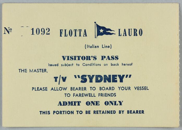 Visitor Pass - 'T/N Sydney', Flotta Lauro Line, circa 1970s