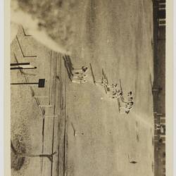 Group of woman walking across field.